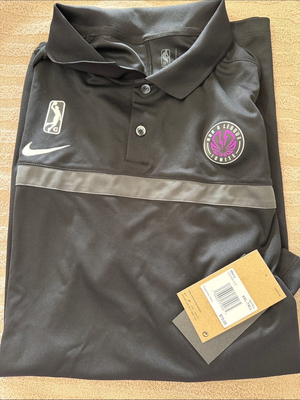 Nike Black Polo with Gray Chest Stripe and Purple League Patch